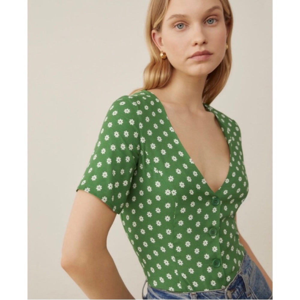 Reformation Janet Button Front V-Neck Short Sleeve Top in Hannah NEW!